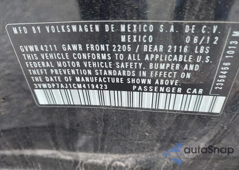 2012 Volkswagen Jetta 2.5L Se from USA, damaged, VIN 3VWDP7AJ1CM419423